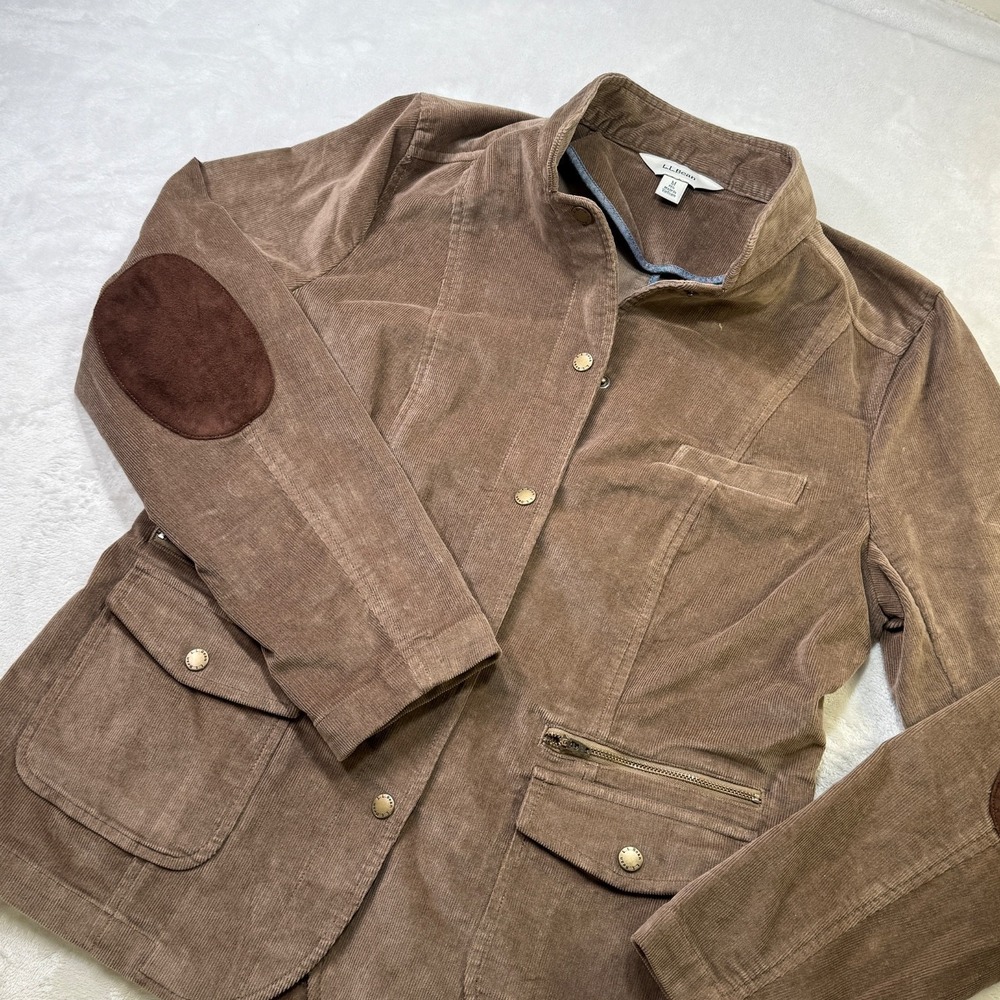 L.L.Bean Womens Medium Brown Corduroy Jacket Suede Elbow Patches Zip Pockets